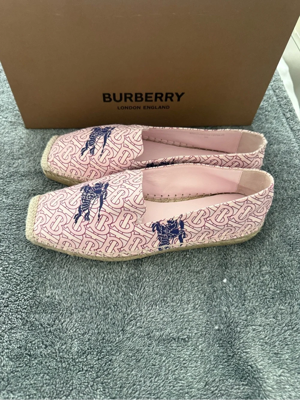 Burberry Pink TB Monogram Espadrille Flats with Navy Equestrian Motif